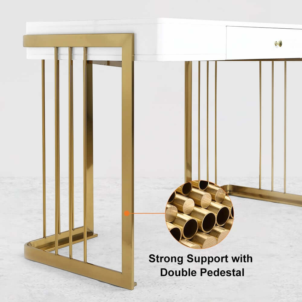 Modern White Writing Desk with Gold Trestle Base and Drawer