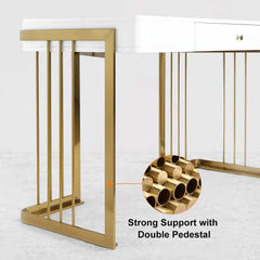 Modern White Writing Desk with Gold Trestle Base and Drawer