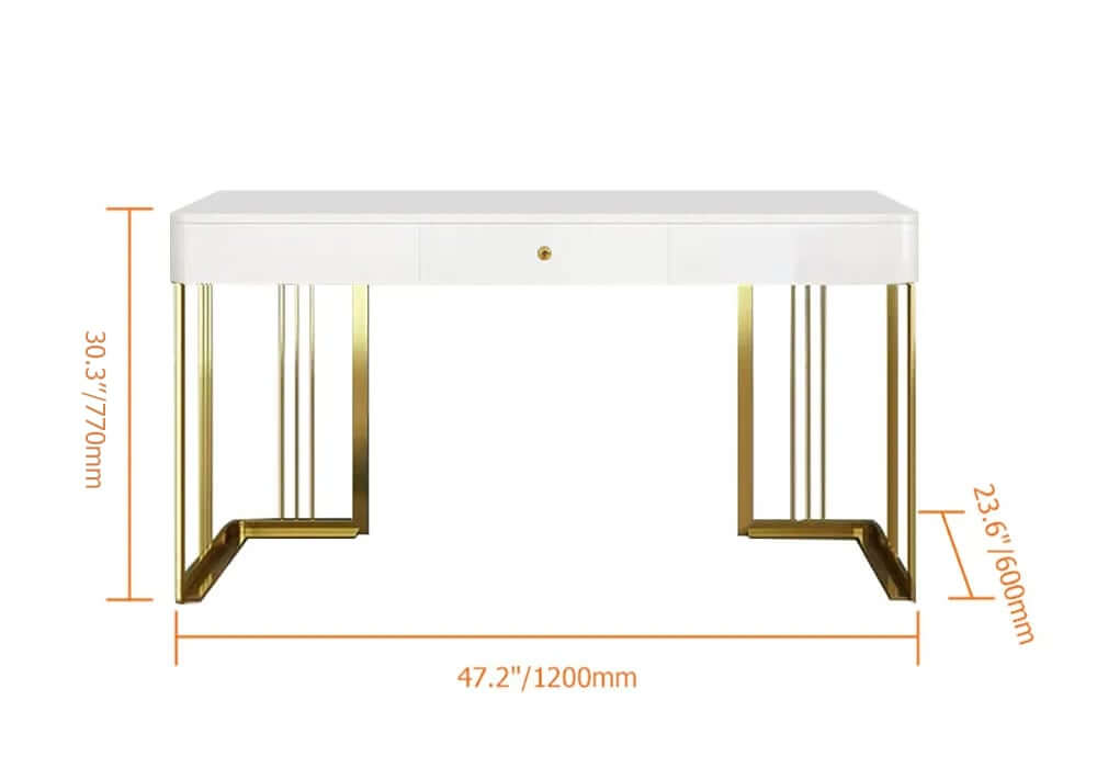 Modern White Writing Desk with Gold Trestle Base and Drawer Dimensions
