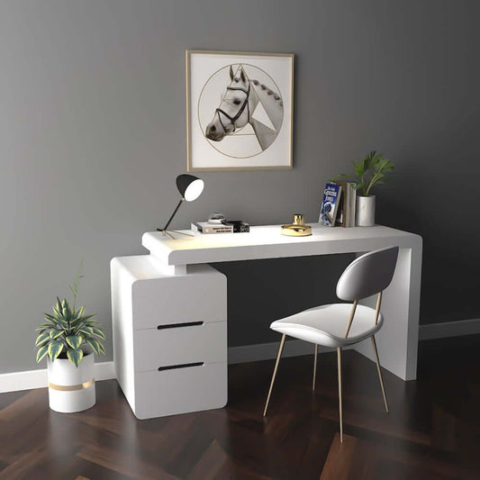 Modern White Writing Desk with Three Drawers and Trestle Base