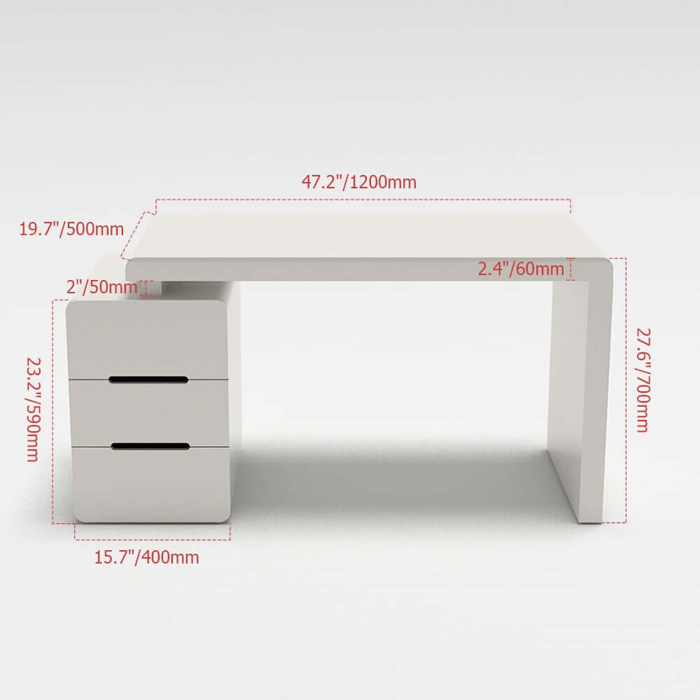 Modern White Writing Desk with Three Drawers and Trestle Base Dimensions