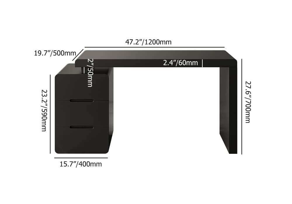 Modern White Writing Desk with Three Drawers and Trestle Base Dimensions