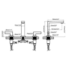 Modern Widespread Bathroom Faucet in Brushed Gold or Nickel Dimensions