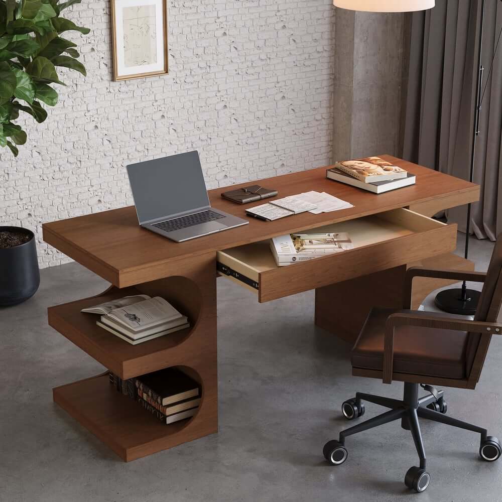 Modern Writing Desk with Drawer and Open Shelves