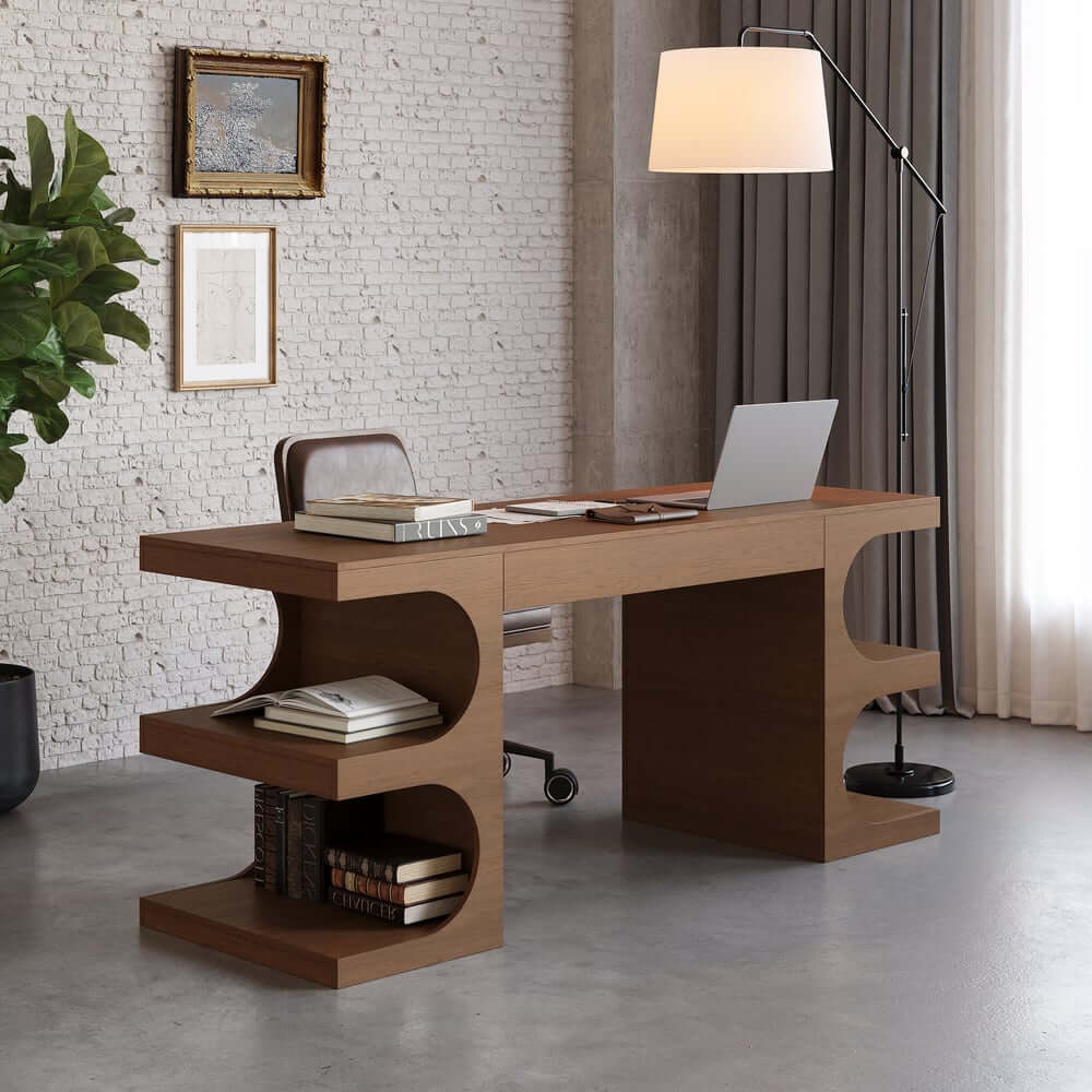 Modern Writing Desk with Drawer and Open Shelves