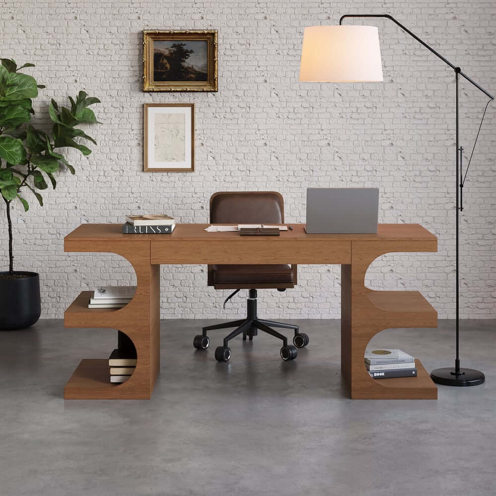 Modern Writing Desk with Drawer and Open Shelves