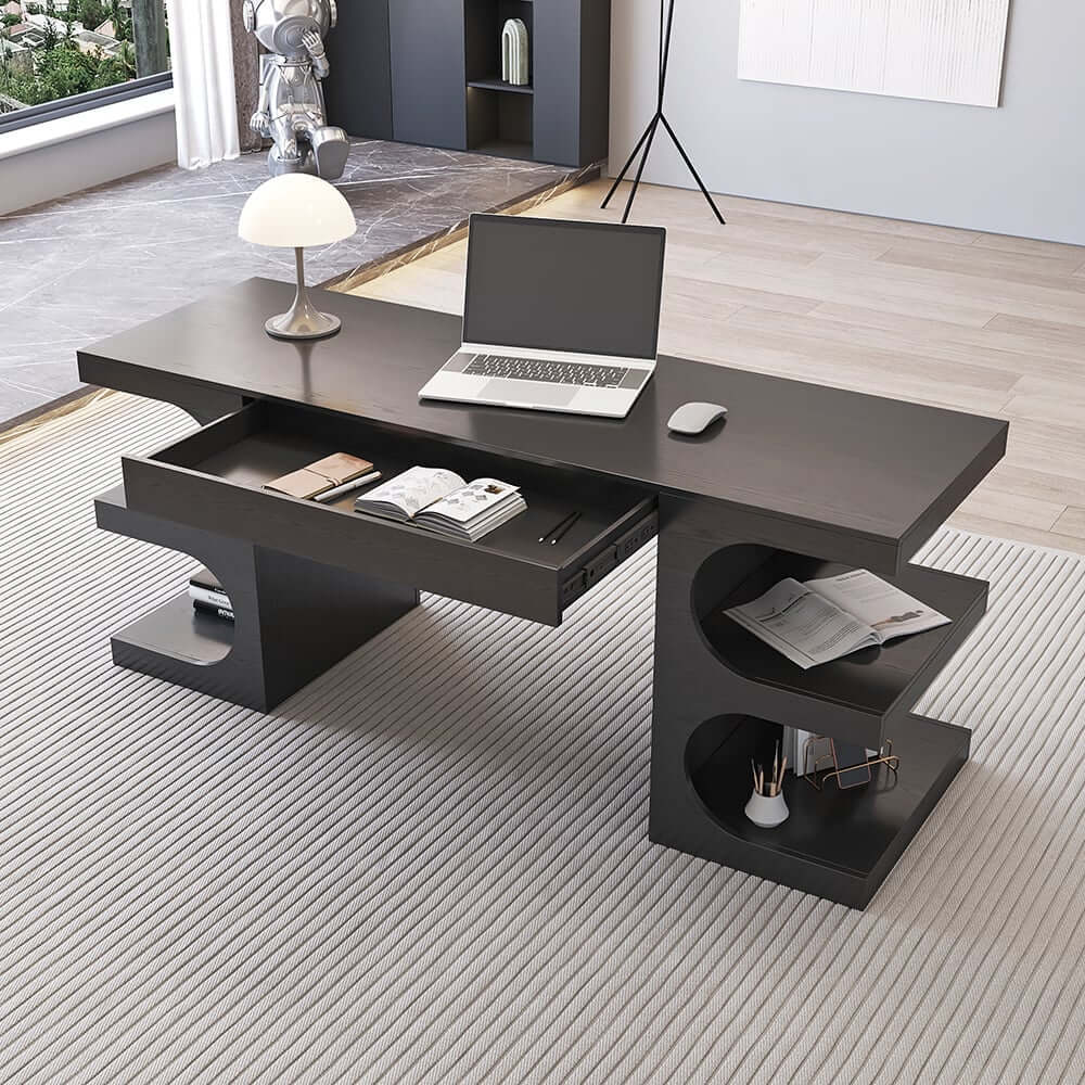 Modern Writing Desk with Drawer and Open Shelves
