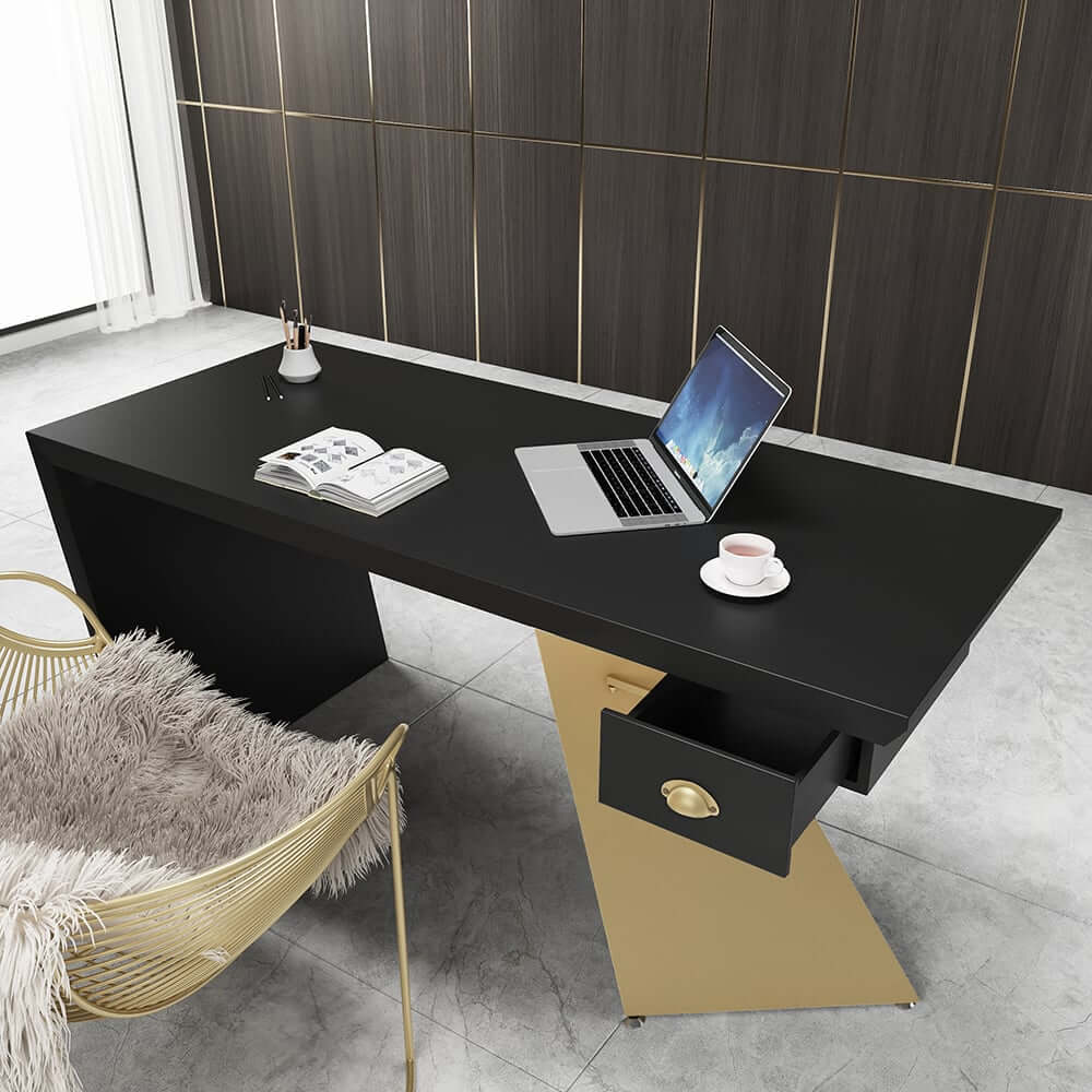 Modern Writing Desk with Drawer in Rubberwood and Metal Frame