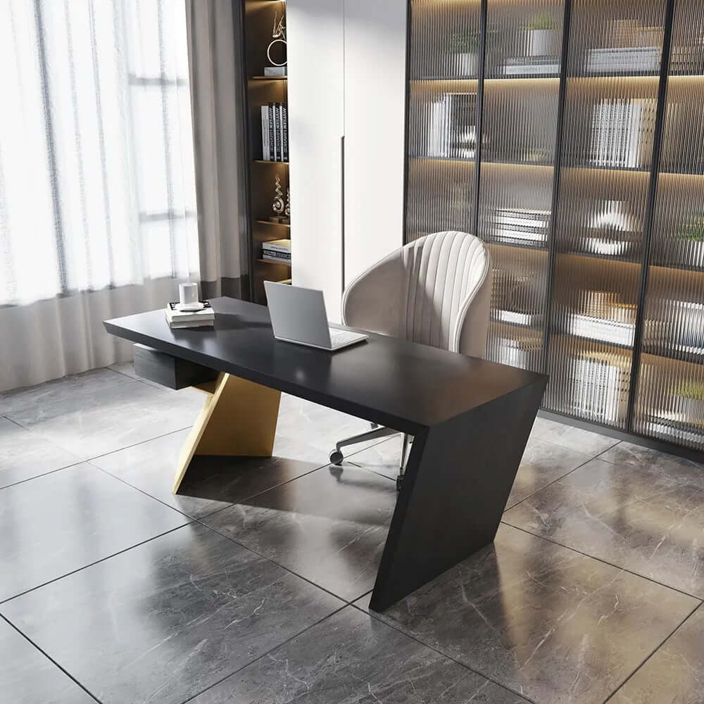 Modern Writing Desk with Drawer in Rubberwood and Metal Frame