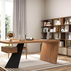 Modern Writing Desk with Drawer in Rubberwood and Metal Frame