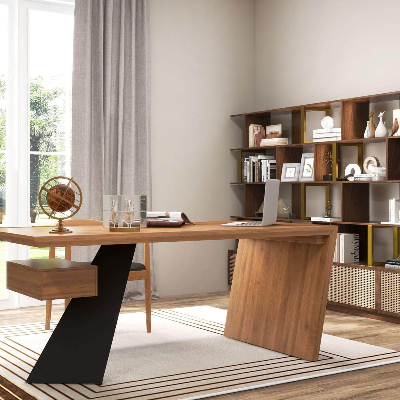 Modern Writing Desk with Drawer in Rubberwood and Metal Frame