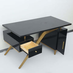 Modern Writing Desk with Gold Frame and Storage Cabinet