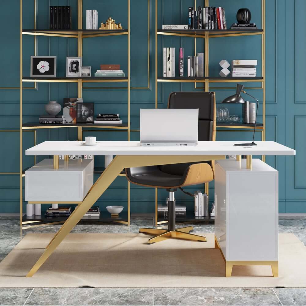 Modern Writing Desk with Gold Frame and Storage Cabinet