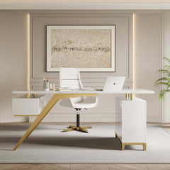 Modern Writing Desk with Gold Frame and Storage Cabinet