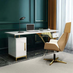Modern Writing Desk with Gold Frame and Storage Cabinet