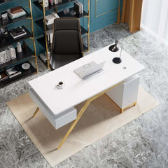 Modern Writing Desk with Gold Frame and Storage Cabinet