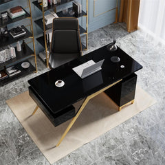 Modern Writing Desk with Gold Frame and Storage Cabinet