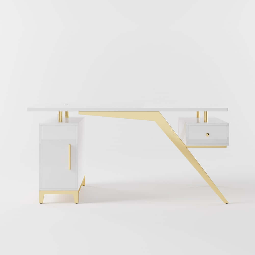 Modern Writing Desk with Gold Frame and Storage Cabinet