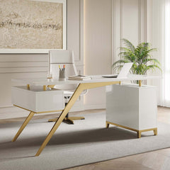 Modern Writing Desk with Gold Frame and Storage Cabinet