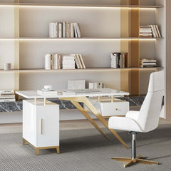 Modern Writing Desk with Gold Frame and Storage Cabinet