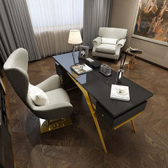 Modern Writing Desk with Gold Frame and Storage Cabinet