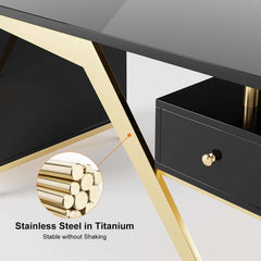 Modern Writing Desk with Gold Frame and Storage Cabinet