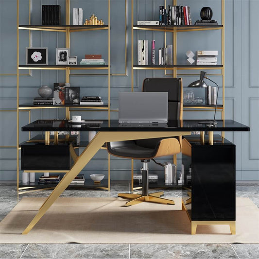 Modern Writing Desk with Gold Frame and Storage Cabinet