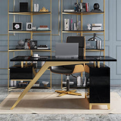 Modern Writing Desk with Gold Frame and Storage Cabinet