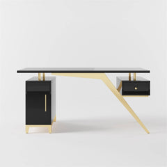 Modern Writing Desk with Gold Frame and Storage Cabinet