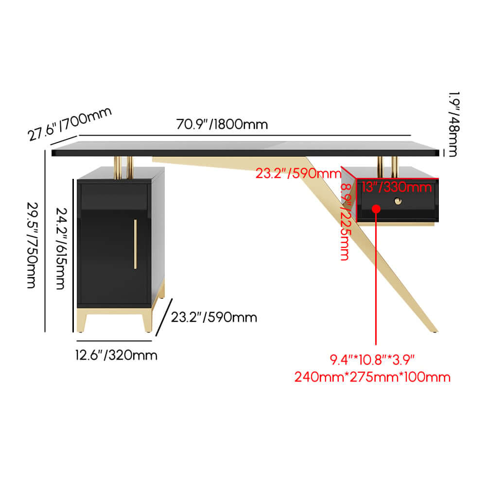 Modern Writing Desk with Gold Frame and Storage Cabinet Dimensions