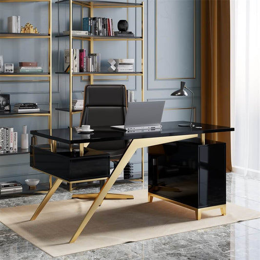 Modern Writing Desk with Gold Frame and Storage Cabinet Main Product Image