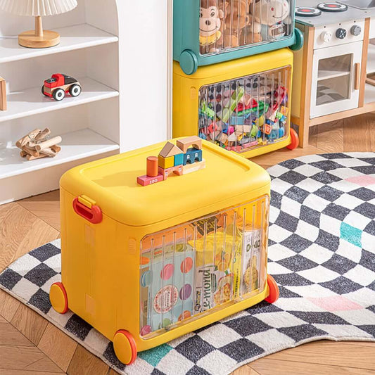 Modern Yellow Plastic Kids Toy Organizer Cart with Wheels Main Product Image