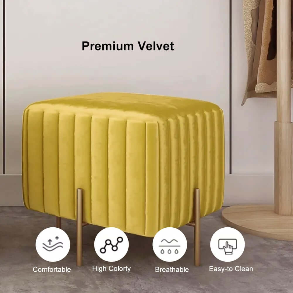 Modern Yellow Velvet Upholstered Ottoman with Gold Legs