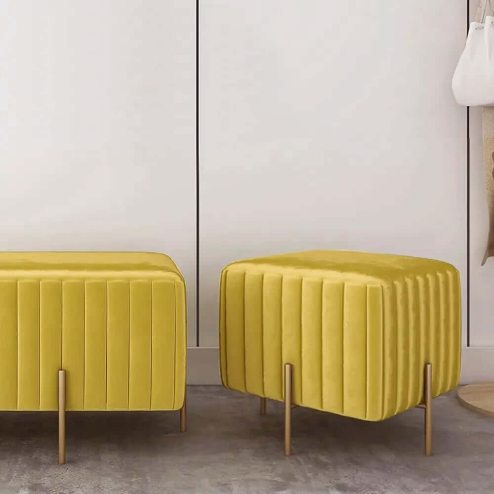 Modern Yellow Velvet Upholstered Ottoman with Gold Legs