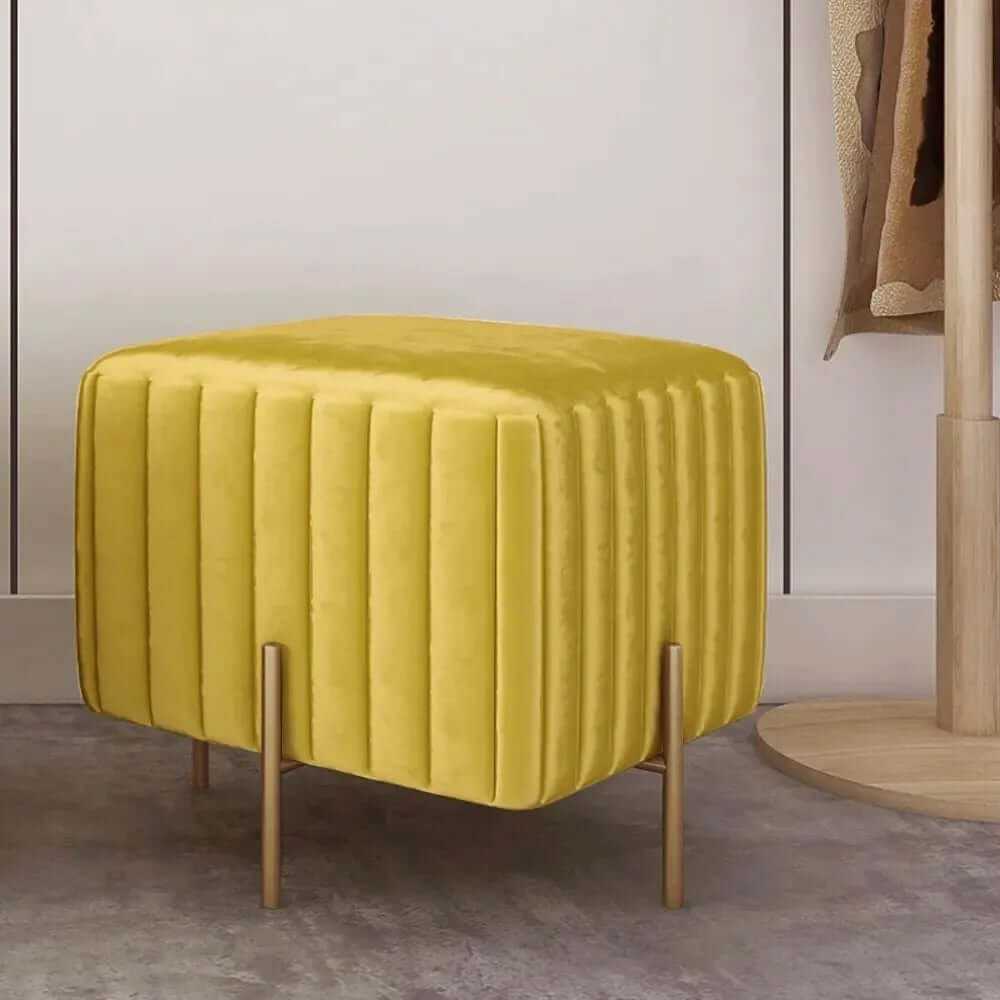 Modern Yellow Velvet Upholstered Ottoman with Gold Legs Main Product Image