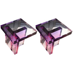 Modernist Acrylic Side Table Featuring Light-Refraction Geometry and Gloss Finish