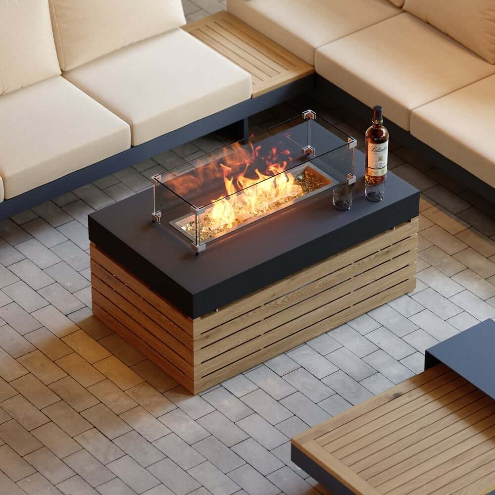 Modular Black & Brown Outdoor Sofa Set with Propane Fire Pit