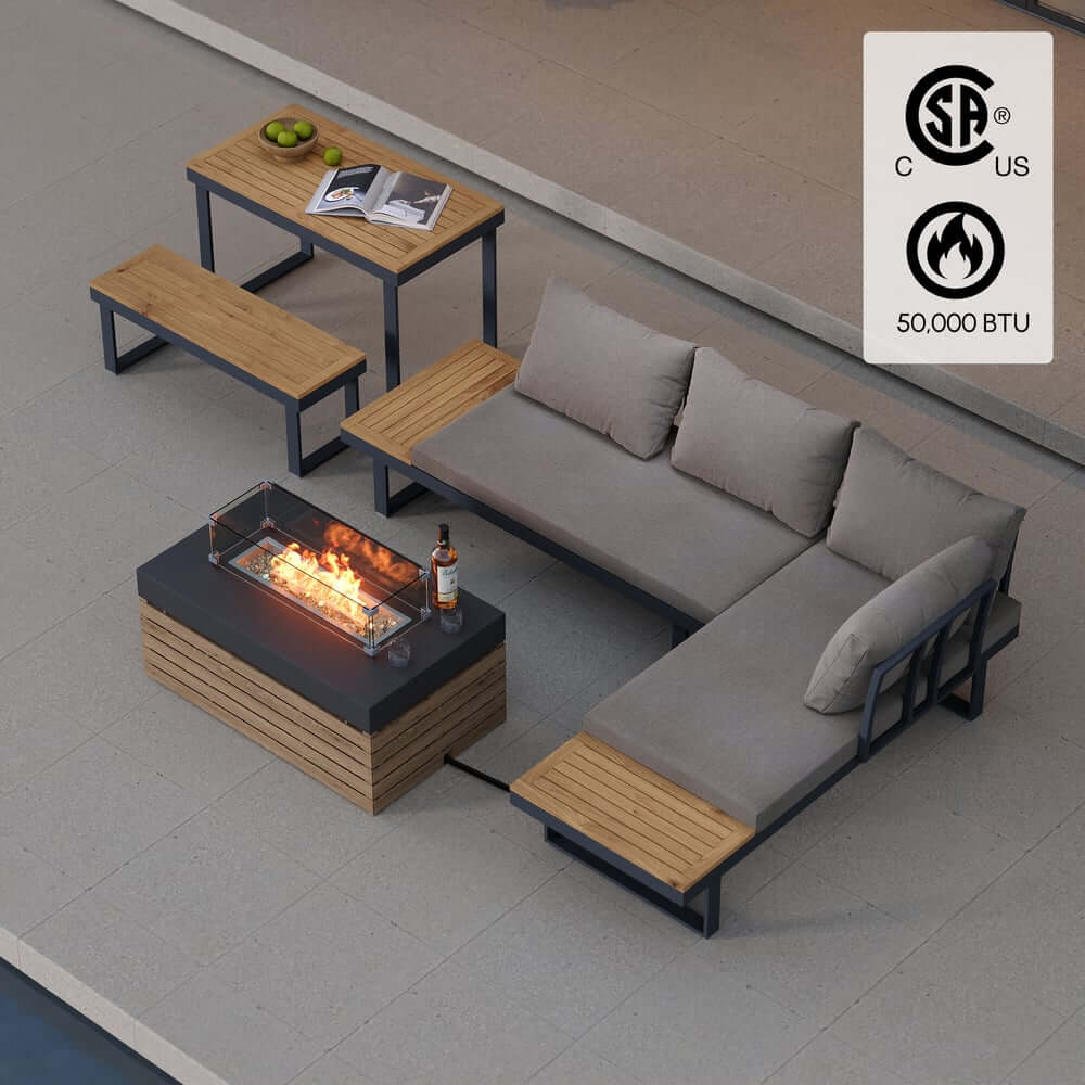Modular Black & Brown Outdoor Sofa Set with Propane Fire Pit