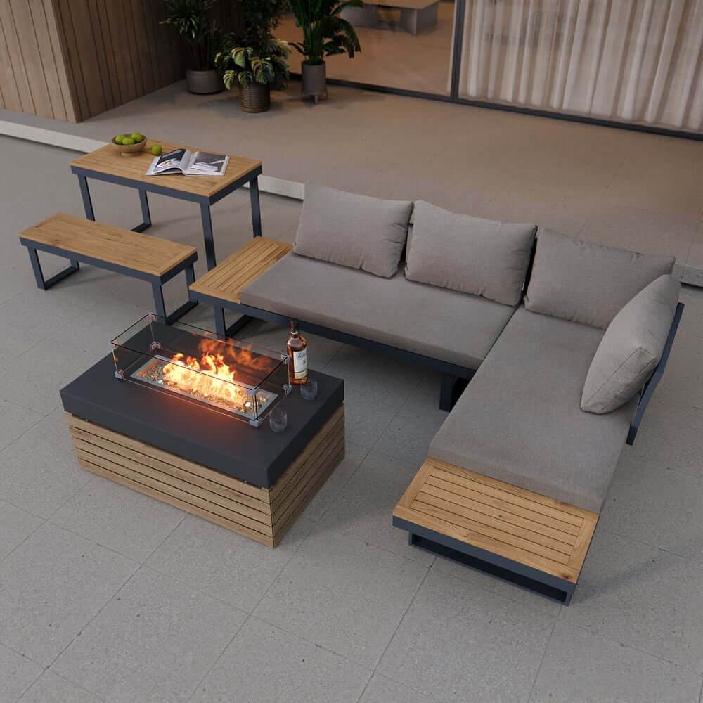 Modular Black & Brown Outdoor Sofa Set with Propane Fire Pit Main Product Image