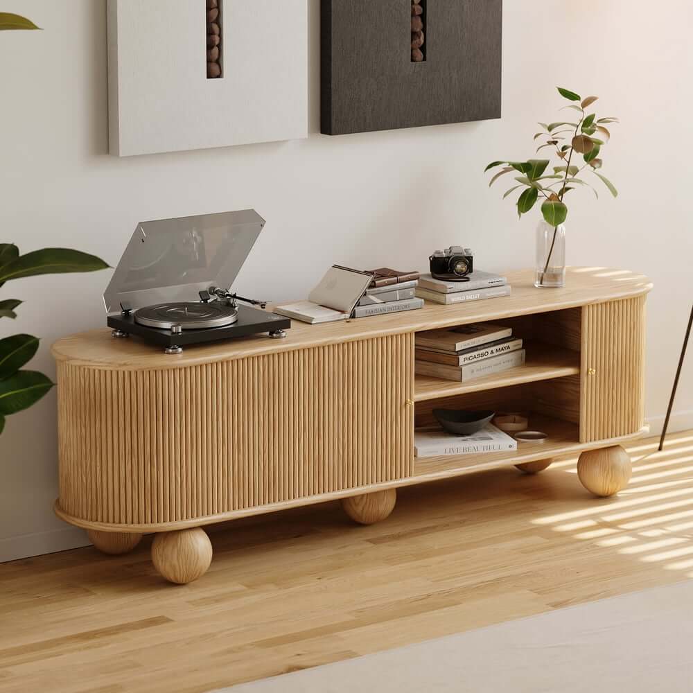 Natural Ash Wood Freestanding TV Stand For 70-79 Inch TVs