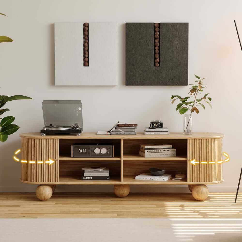 Natural Ash Wood Freestanding TV Stand For 70-79 Inch TVs