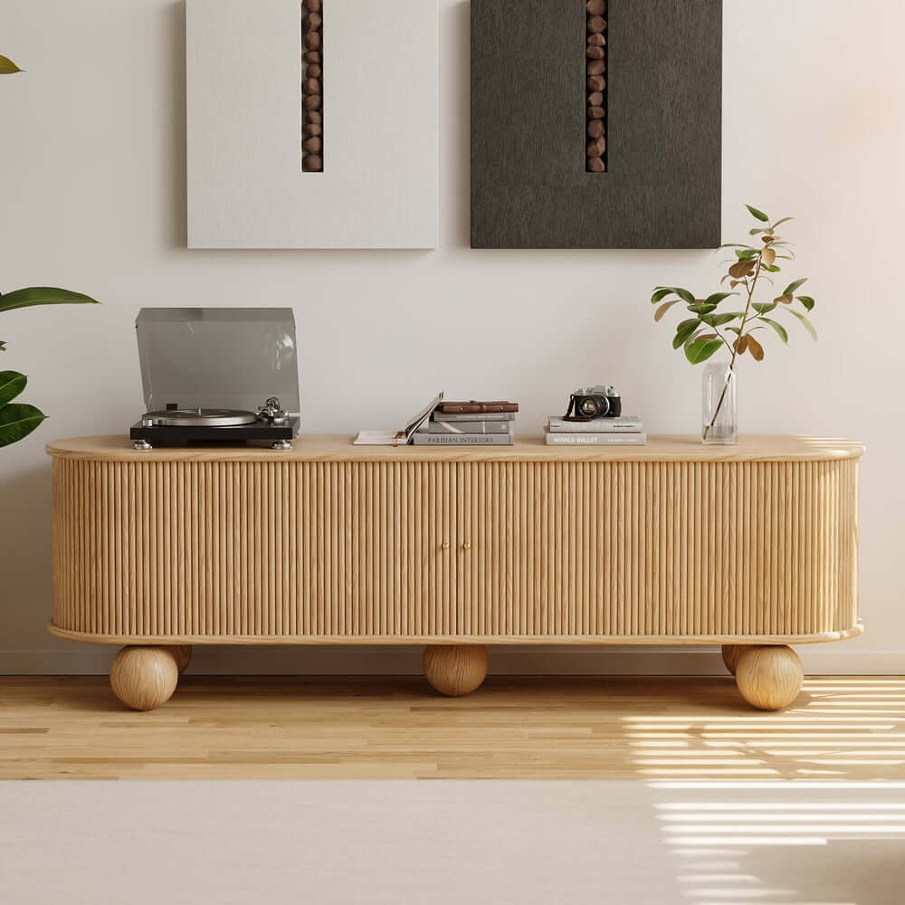 Natural Ash Wood Freestanding TV Stand For 70-79 Inch TVs