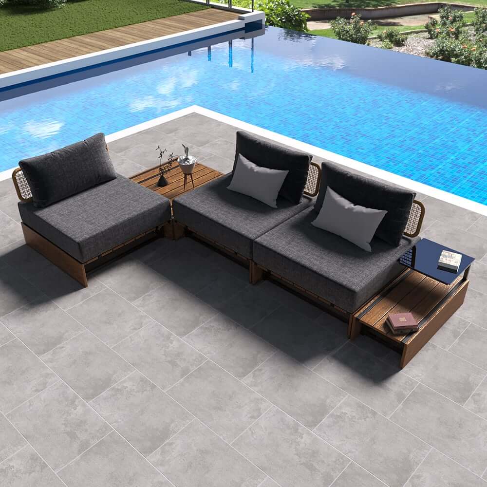 Natural & Gray Outdoor Sectional Sofa Set with Teak Table