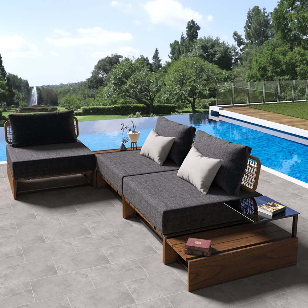 Natural & Gray Outdoor Sectional Sofa Set with Teak Table