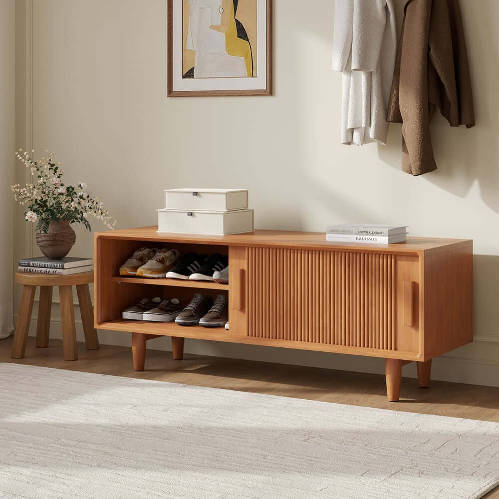 Natural Pine Wood Storage Bench with Rustic Elegance