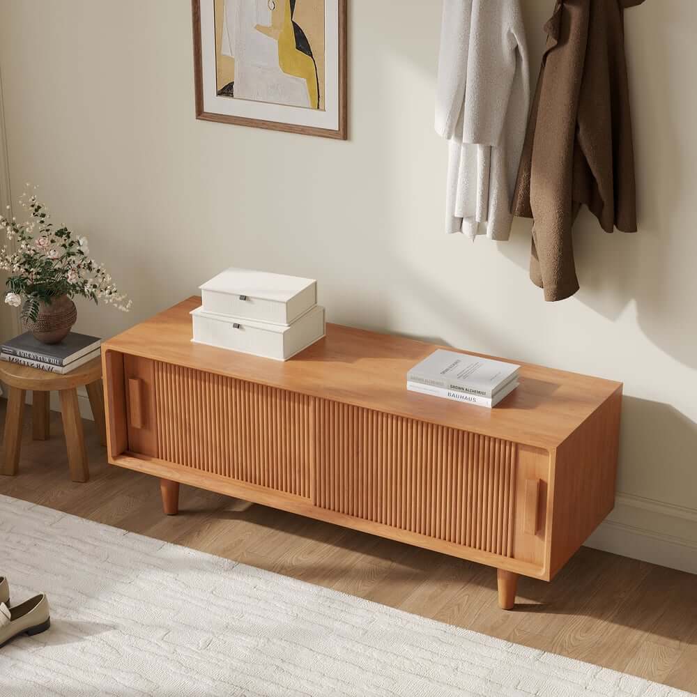 Natural Pine Wood Storage Bench with Rustic Elegance