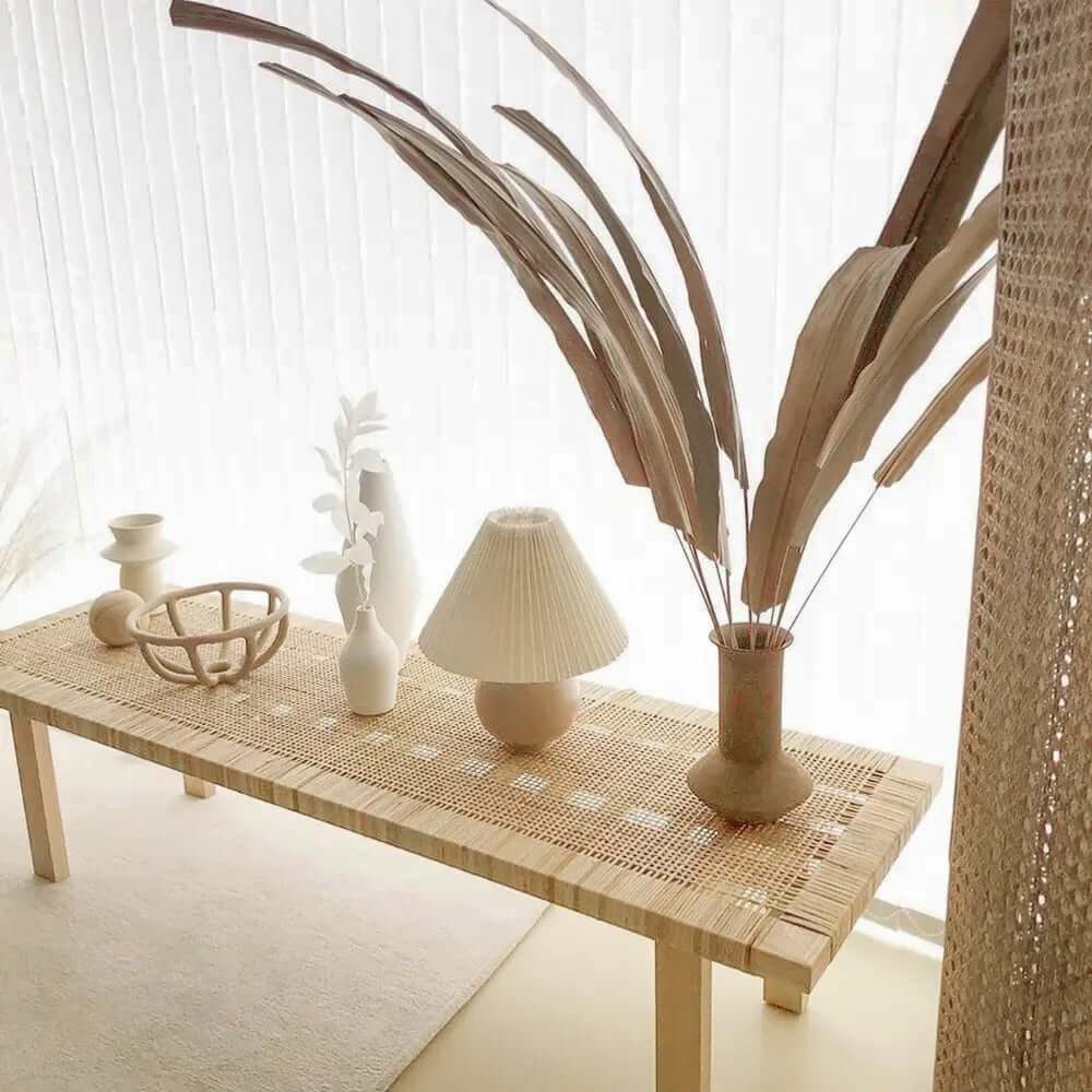 Natural Rattan and Ash Wood Backless Bench in Japandi Style