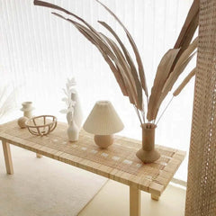 Natural Rattan and Ash Wood Backless Bench in Japandi Style