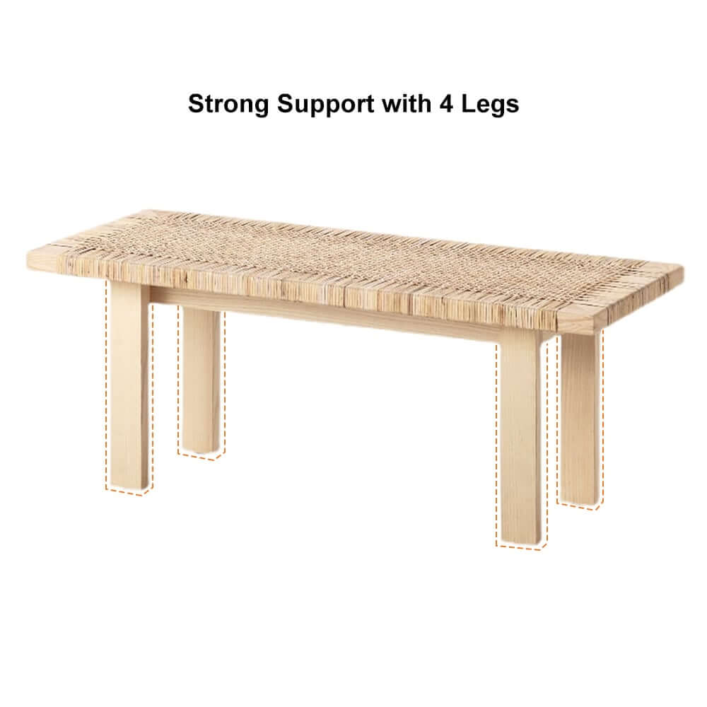 Natural Rattan and Ash Wood Backless Bench in Japandi Style