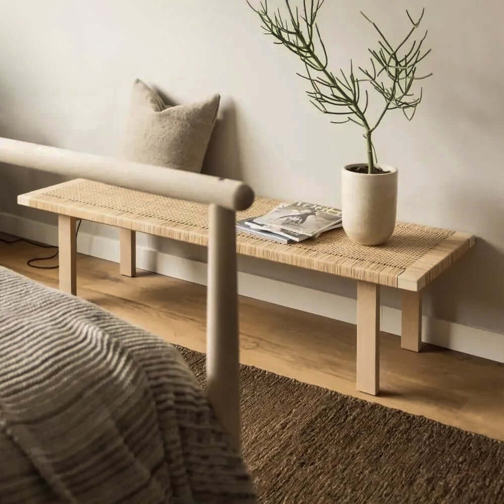 Natural Rattan and Ash Wood Backless Bench in Japandi Style